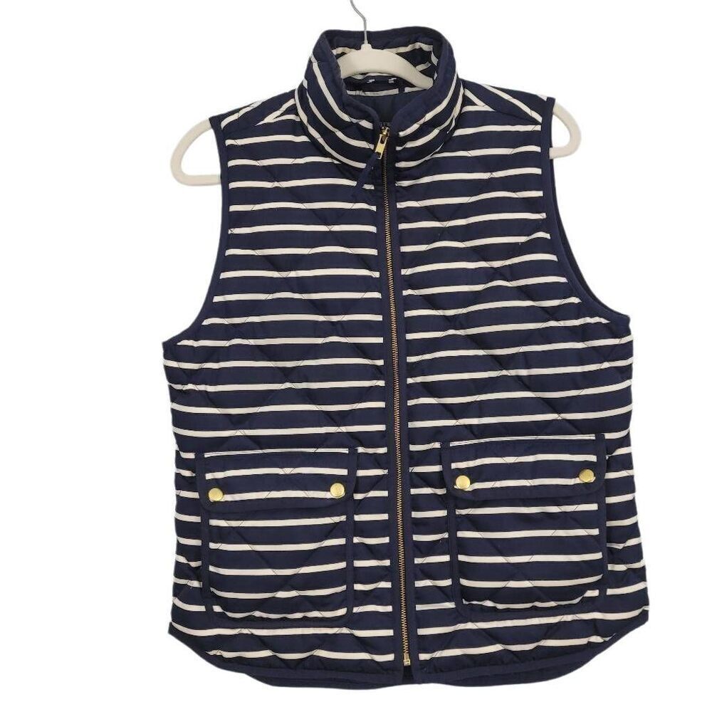 J.Crew Excursion Quilted Puffer Vest Sz M Striped Navy Blue White Full Zip Prepp
